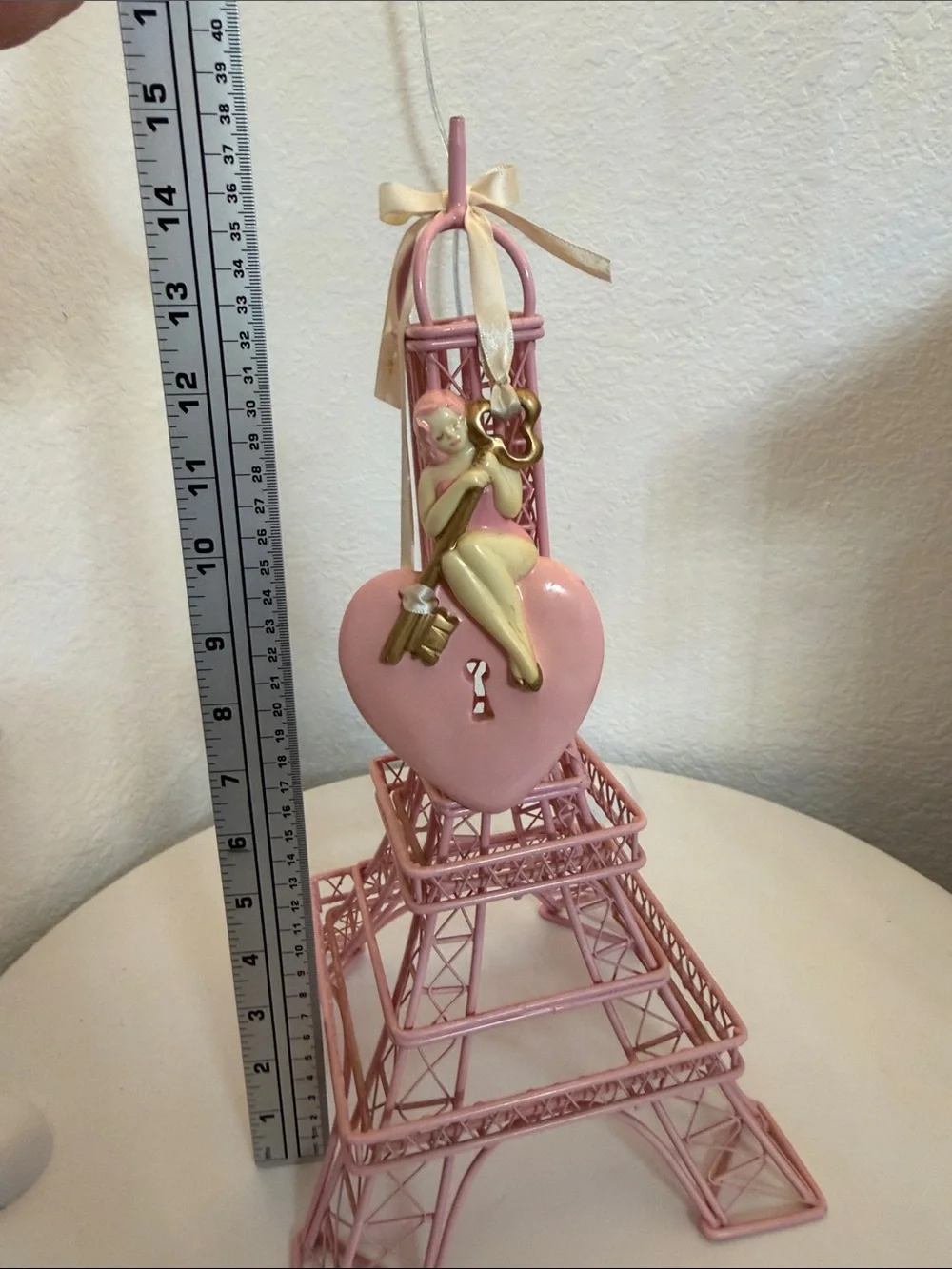 Lady Weird Pink Eiffel Tower Heart Ornament with Key Accent